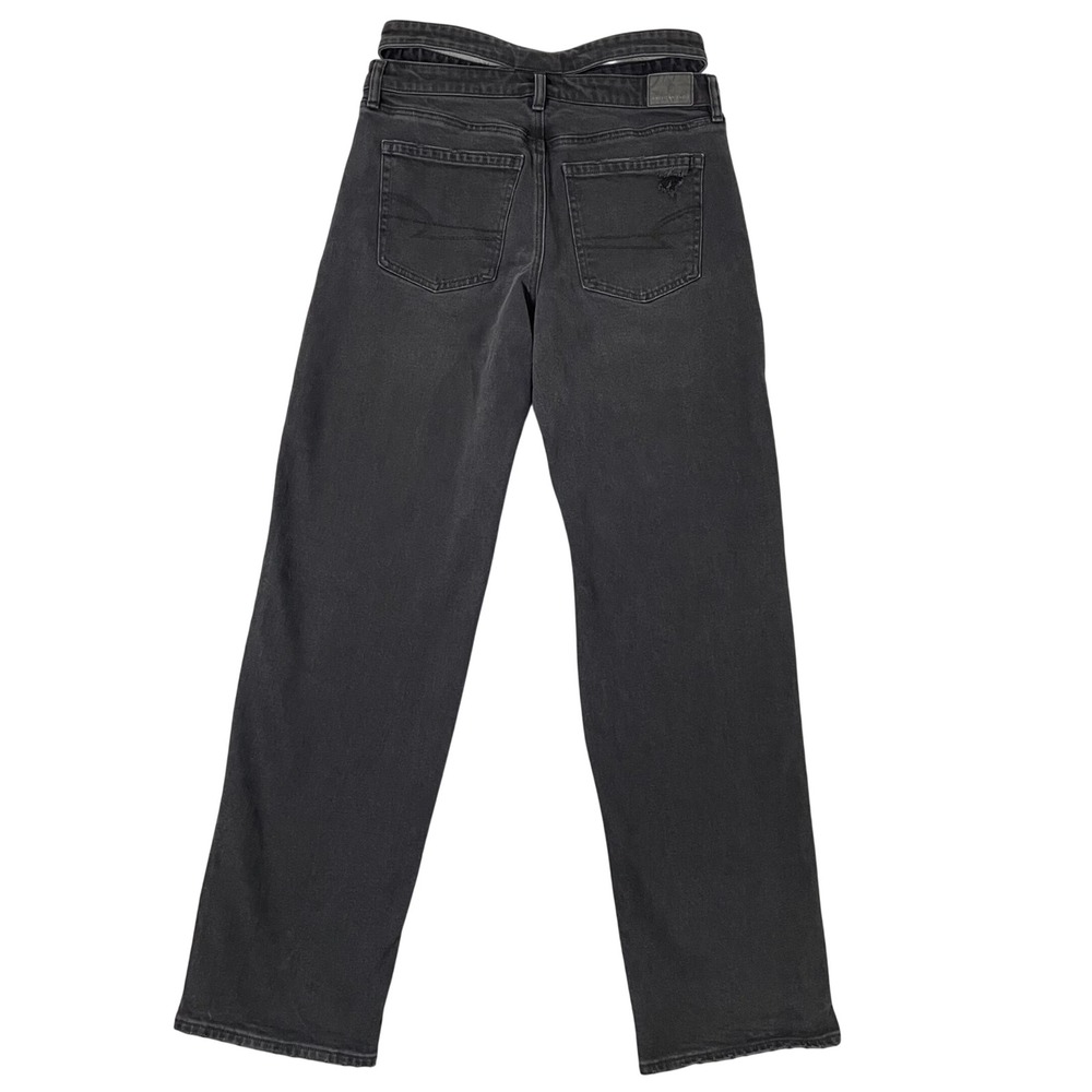 American Eagle Baggy Straight Jeans Womens 6 Long Black Cutout Double Waist Y2K - Picture 3 of 14